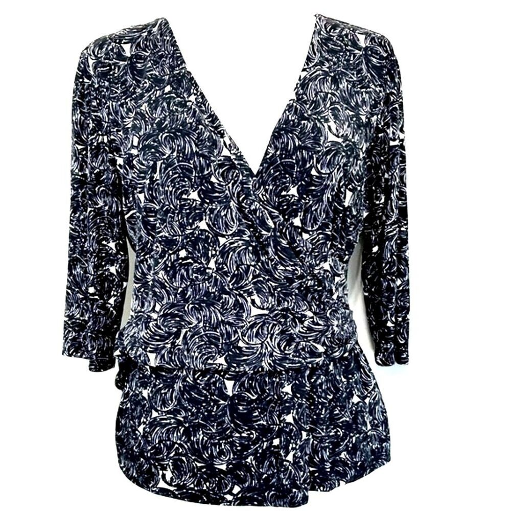 TESORI Women's Silk Wrap Top Size Large Black White V-Neck Stretch 3/4 Sleeve